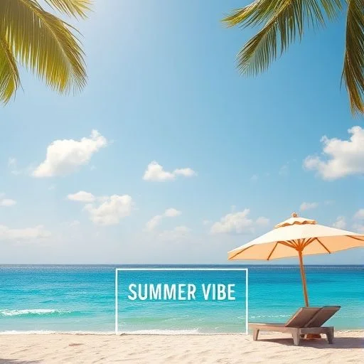 A breathtaking, high-resolution aerial drone shot of a pristine, secluded tropical beach at sunrise. The sand is a soft, golden hue, meeting crystal-clear turquoise waters that gently lap the shore. Lush, vibrant green palm trees line the beach. The sunlight casts soft, long shadows, creating a serene and aspirational atmosphere. No people, no boats, just untouched nature. The aesthetic is clean, luxurious, and peaceful, with a slight cinematic grading and a shallow depth of field.